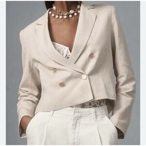 Anthropologie Dolan Beige Linen Cotton Cropped Blazer Size M Double Breasted